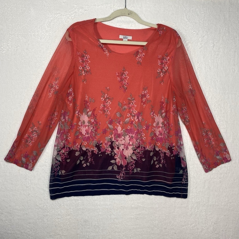 Women's Croft & Barrow orange/navy 3/4 sleeve round neck size Large